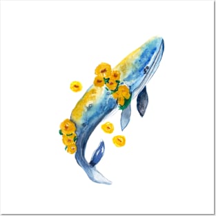 Watercolor whale and yellow flowers Posters and Art